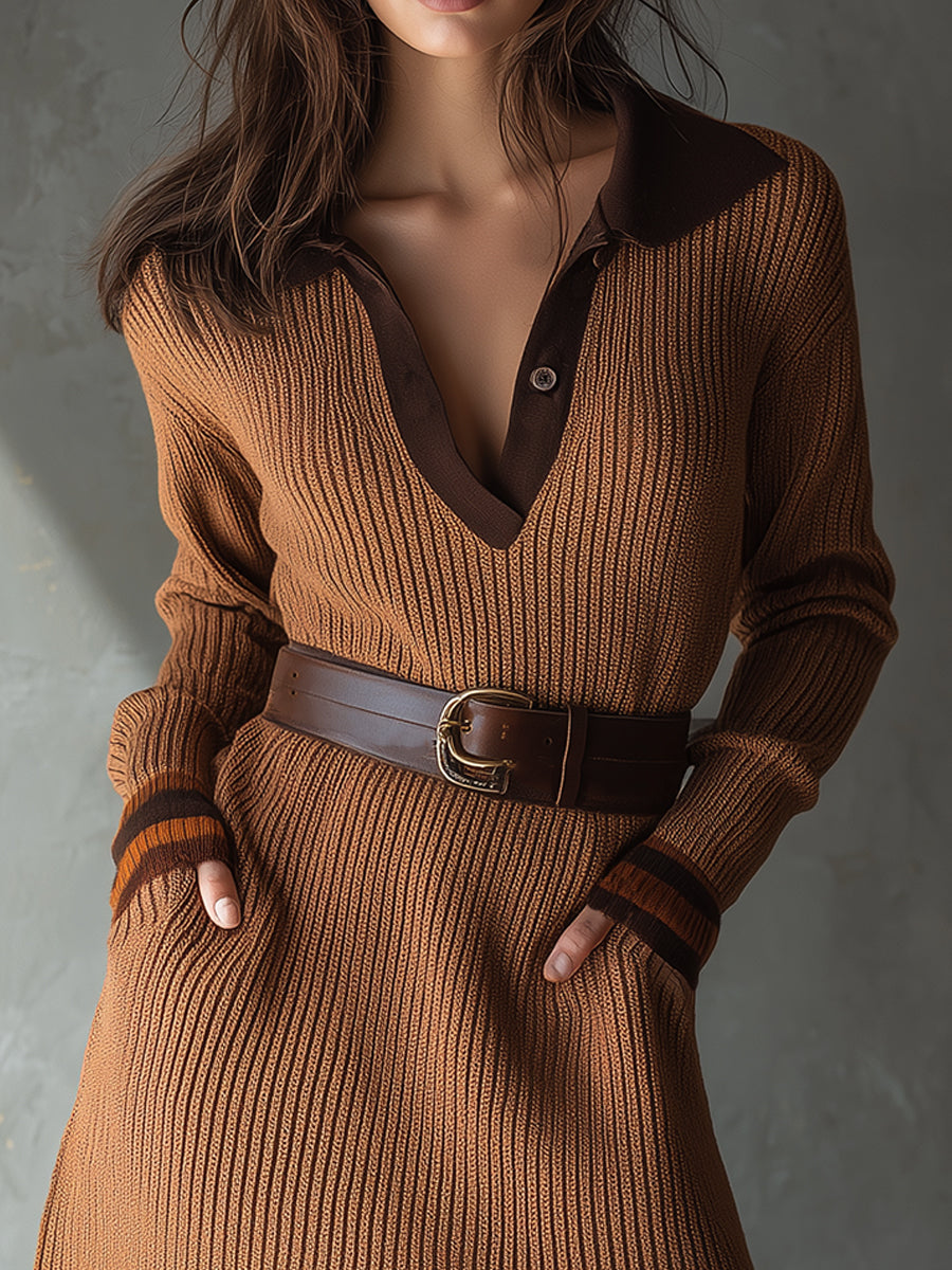 Chic Contrasting Color Knitted Mini Dress With Belt