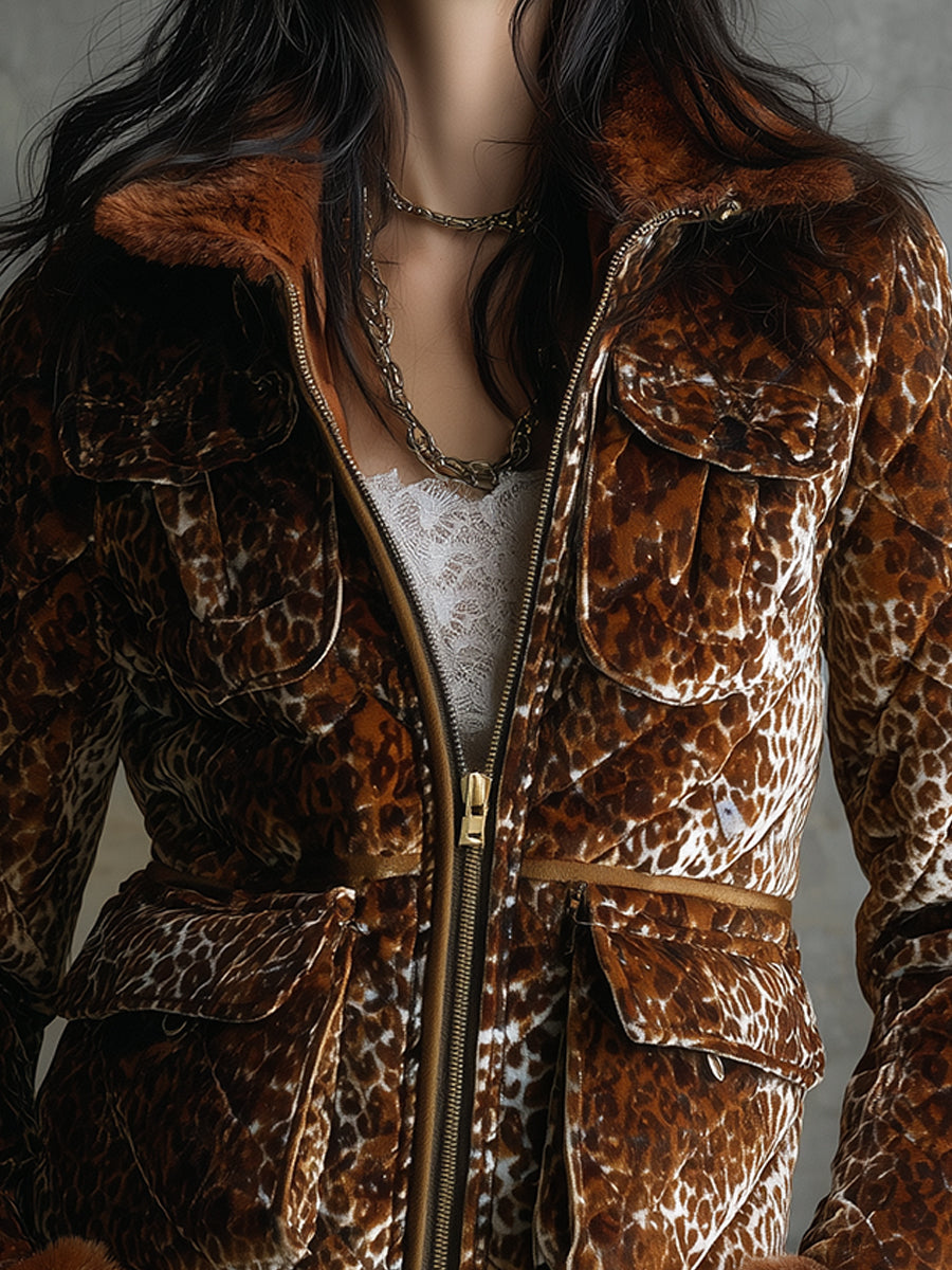 Vintage Velveteen Leopard Print Quilted Faux Fur Collar Jacket