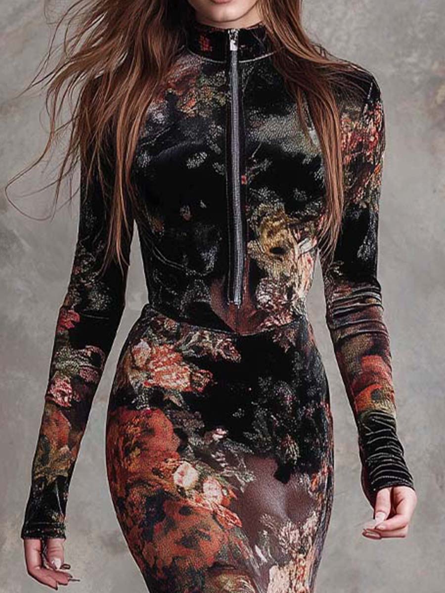 Floral Print Velvet Mermaid Maxi Dress