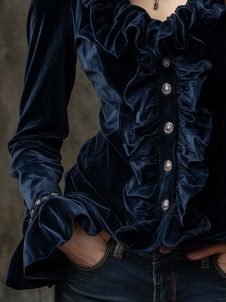 Midnight Blue Ruffled Velvet Shirt With Crystal Buttons