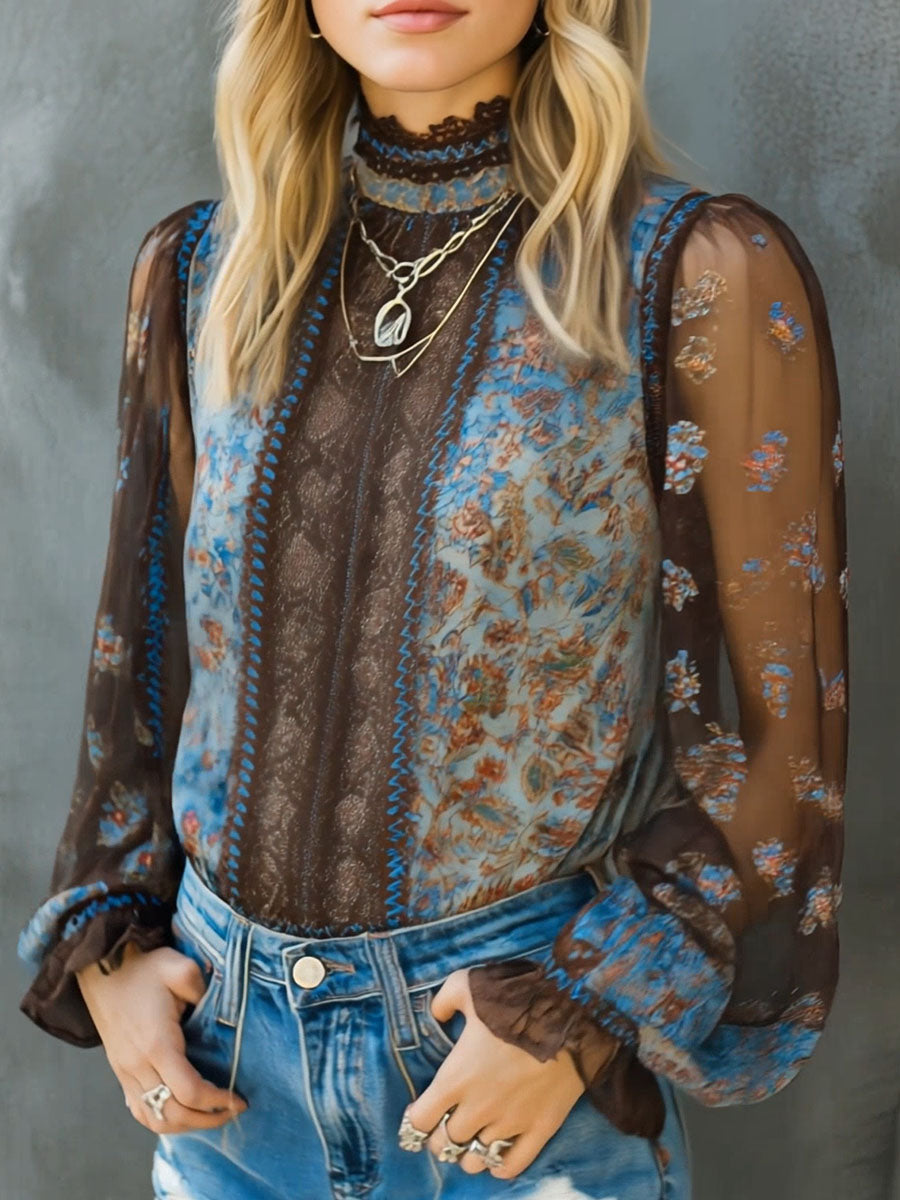 Vintage Boho Floral High Neck Sheer Lace Blouse With Puff Sleeve