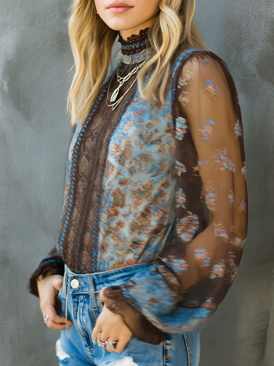 Vintage Boho Floral High Neck Sheer Lace Blouse With Puff Sleeve