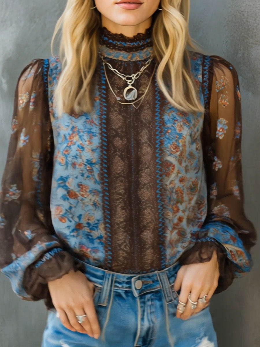 Vintage Boho Floral High Neck Sheer Lace Blouse With Puff Sleeve