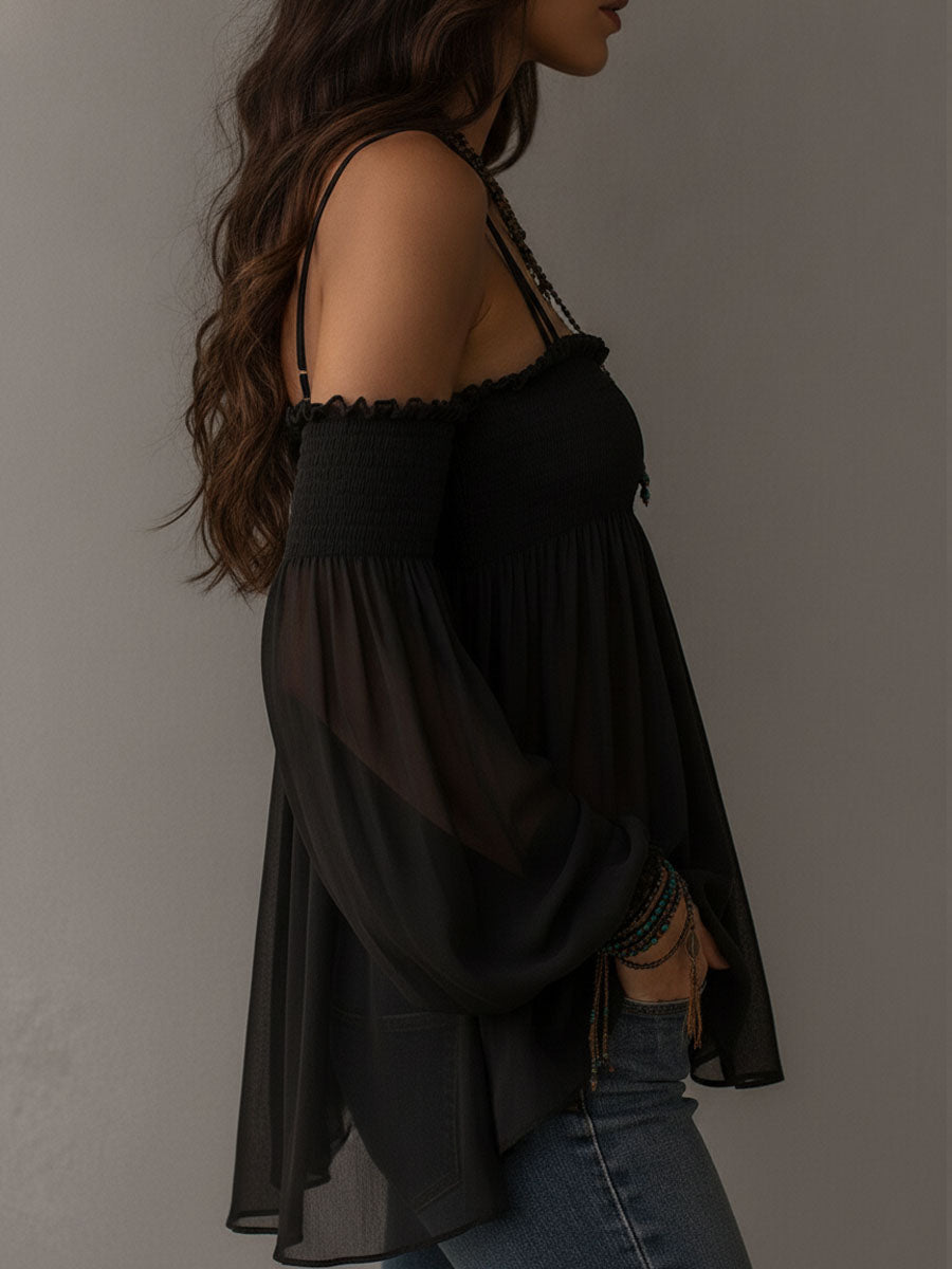 Boho Romantic Black Sheer Chiffon Smocked Bodice Blouse