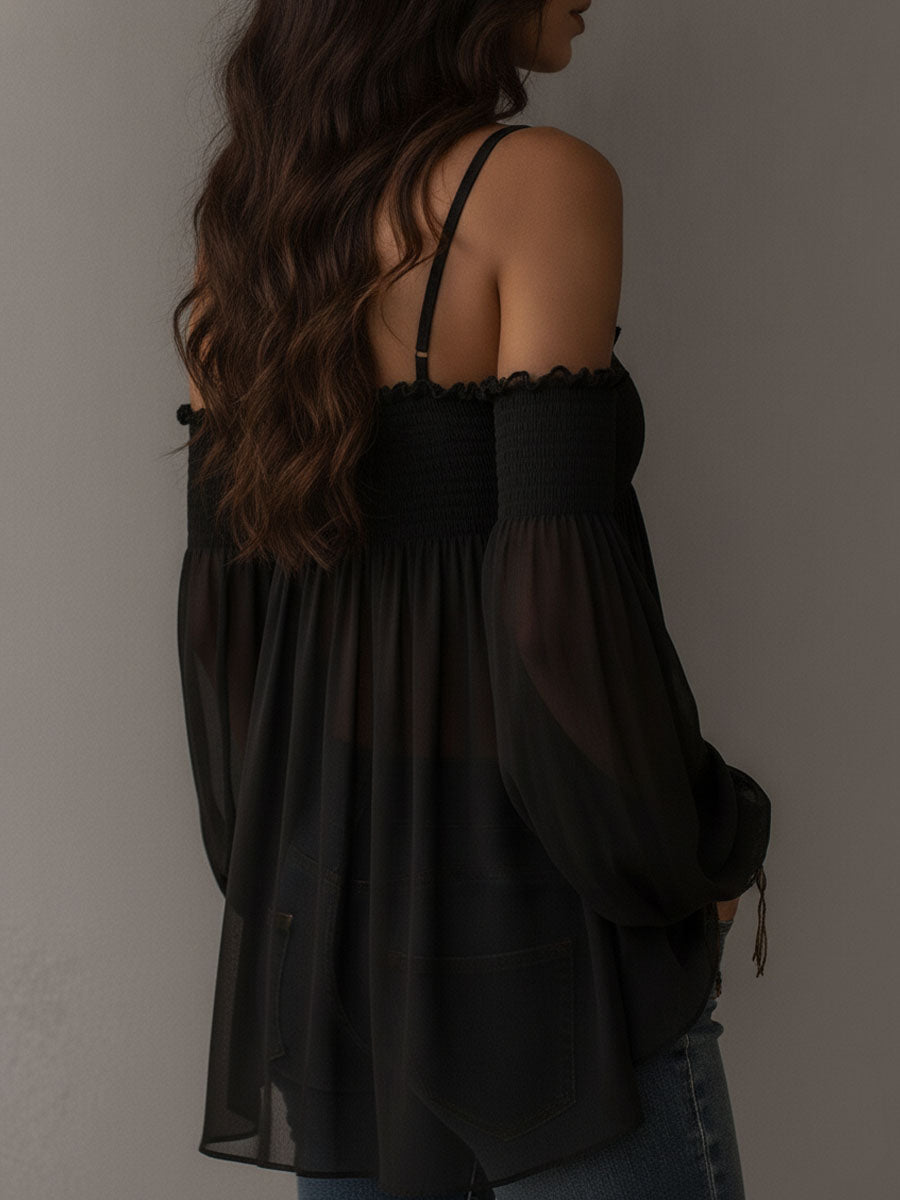 Boho Romantic Black Sheer Chiffon Smocked Bodice Blouse