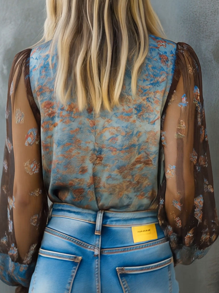 Vintage Boho Floral High Neck Sheer Lace Blouse With Puff Sleeve