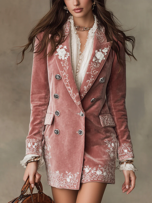 Vintage Embroidered Polyester Velvet Slim-fit Blazer Mini Dress
