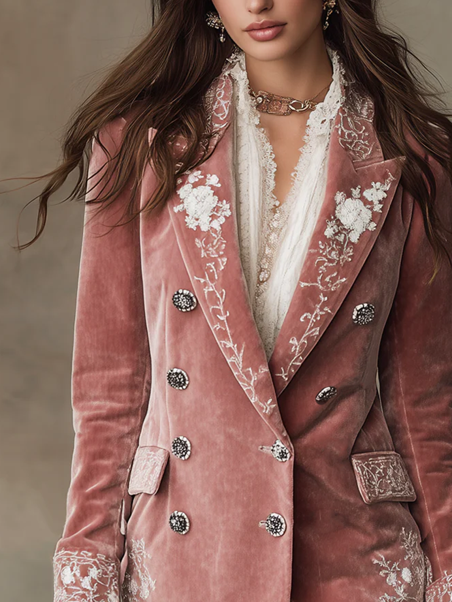 Vintage Embroidered Polyester Velvet Slim-fit Blazer Mini Dress