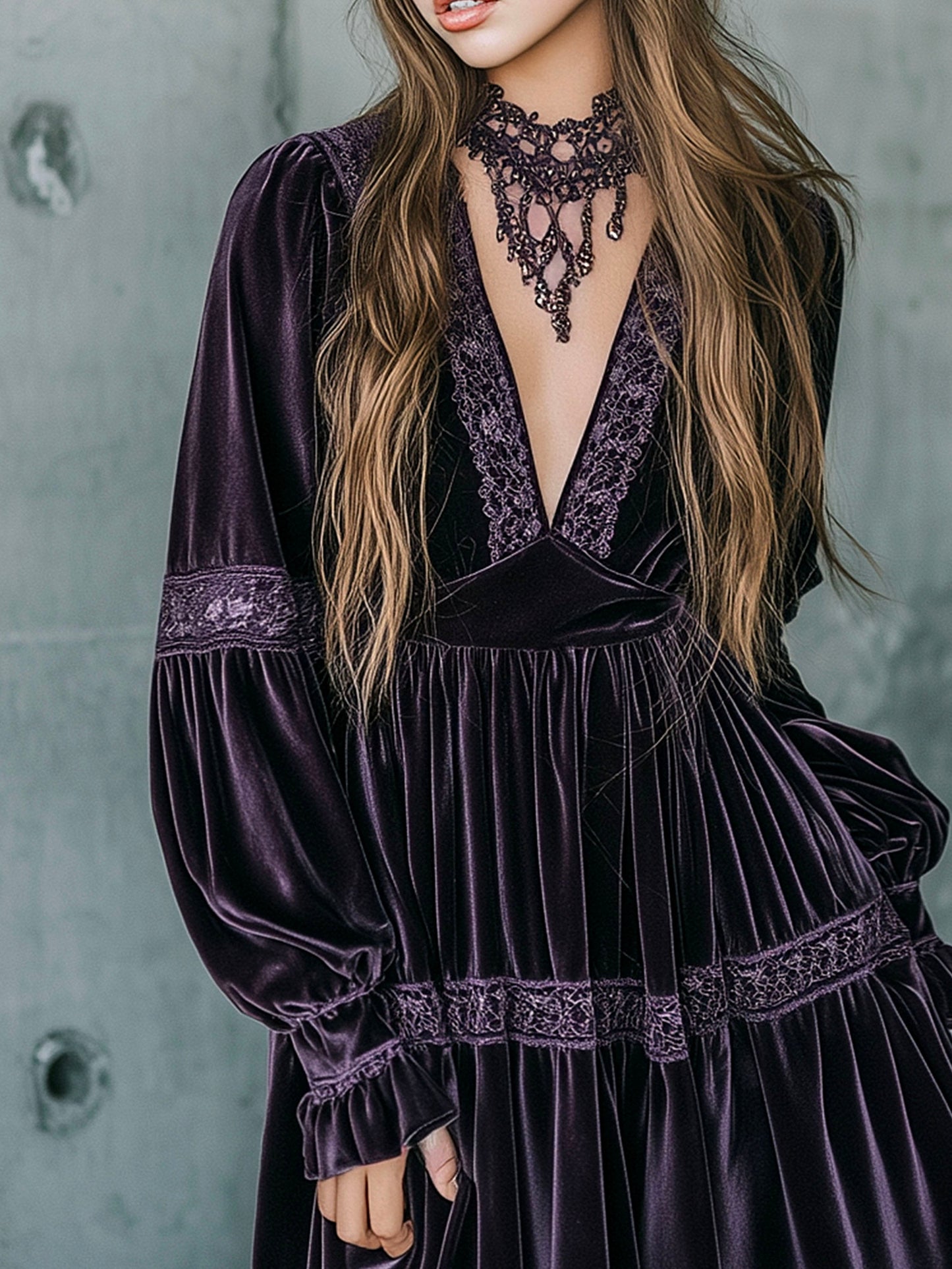 Vintage Deep Purple Velvet Mini Dress With Lace Trim