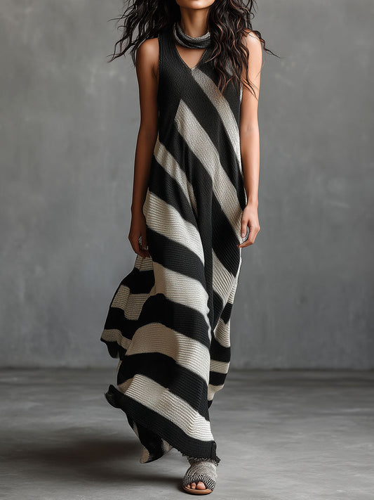 Chic Monochrome Striped Knit Sleeveless Flowing Maxi Dress