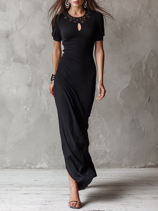 Vintage Embroidered Keyhole Neckline Knitted Maxi Dress