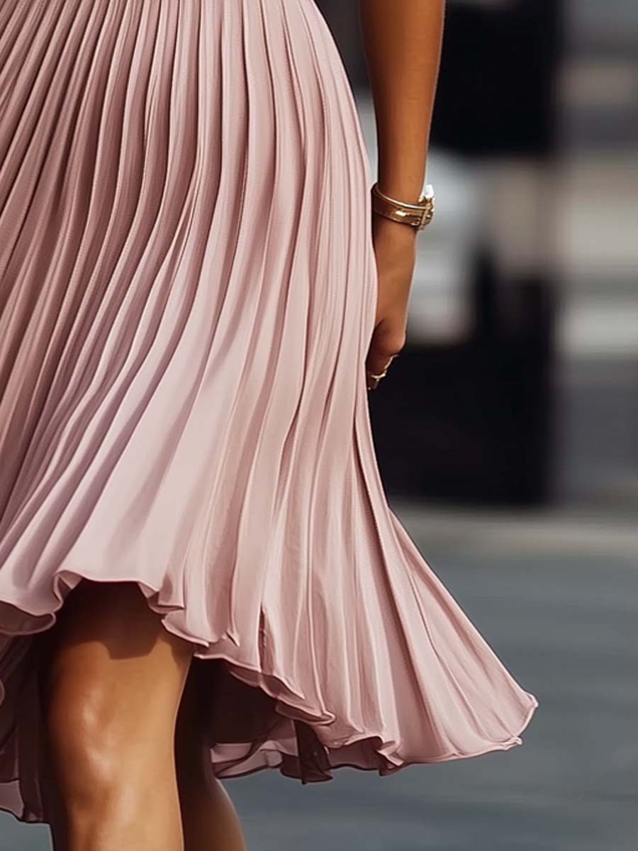 Retro Pleated Texture Sleeveless Midi Dress