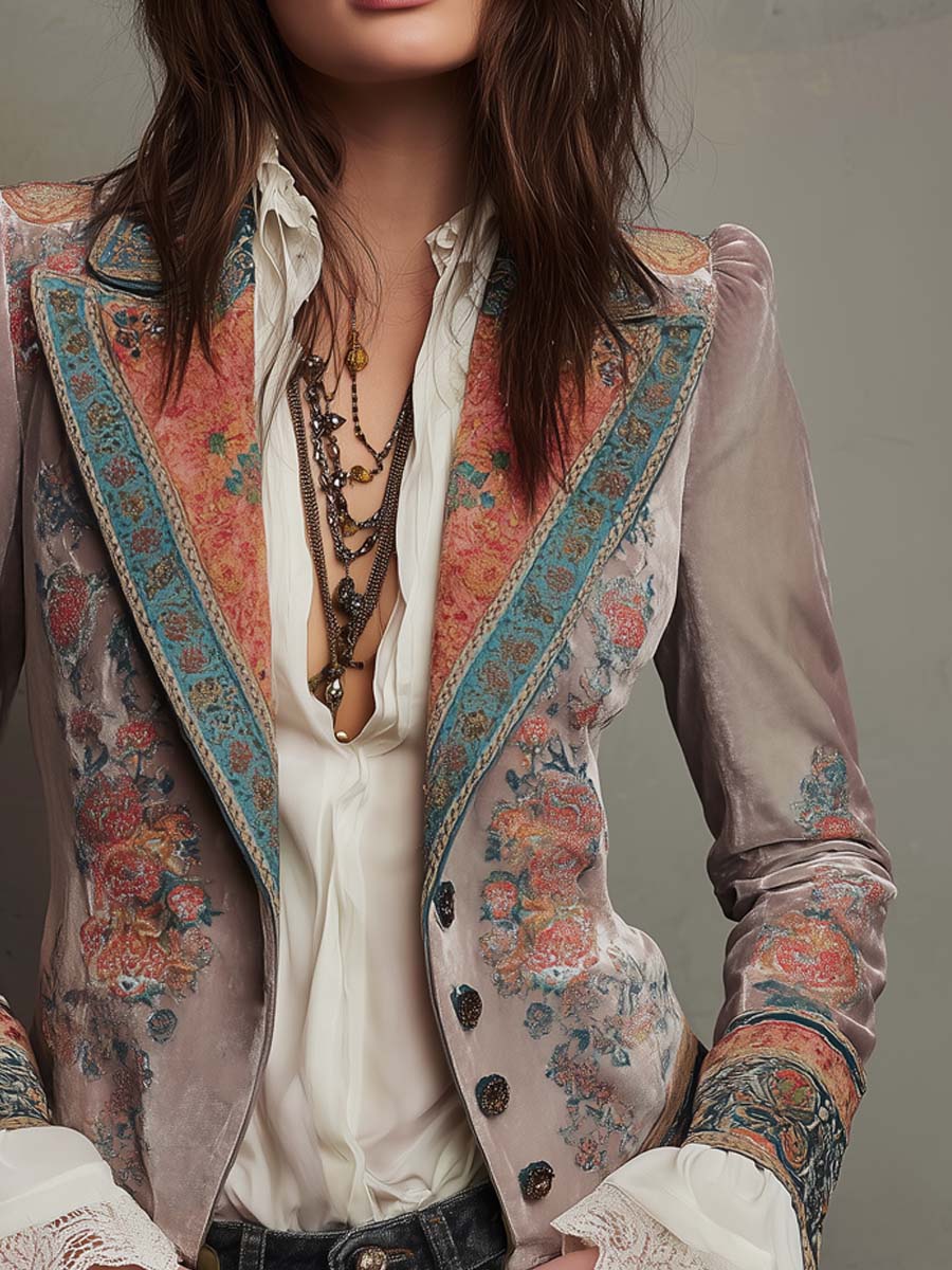 Vintage Button Floral Polyester Velvet Blazer
