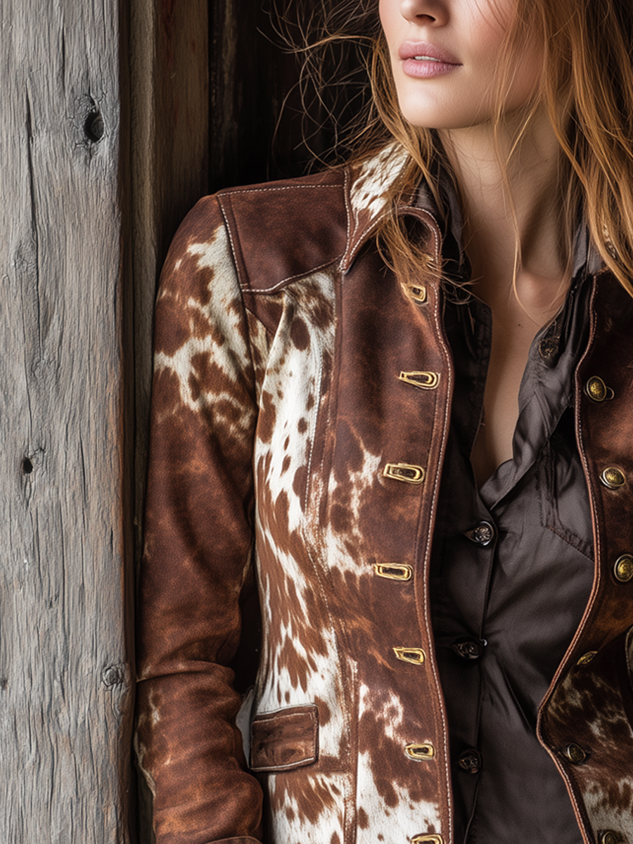 Vintage Button Cow Skin Printed Faux Suede Jacket