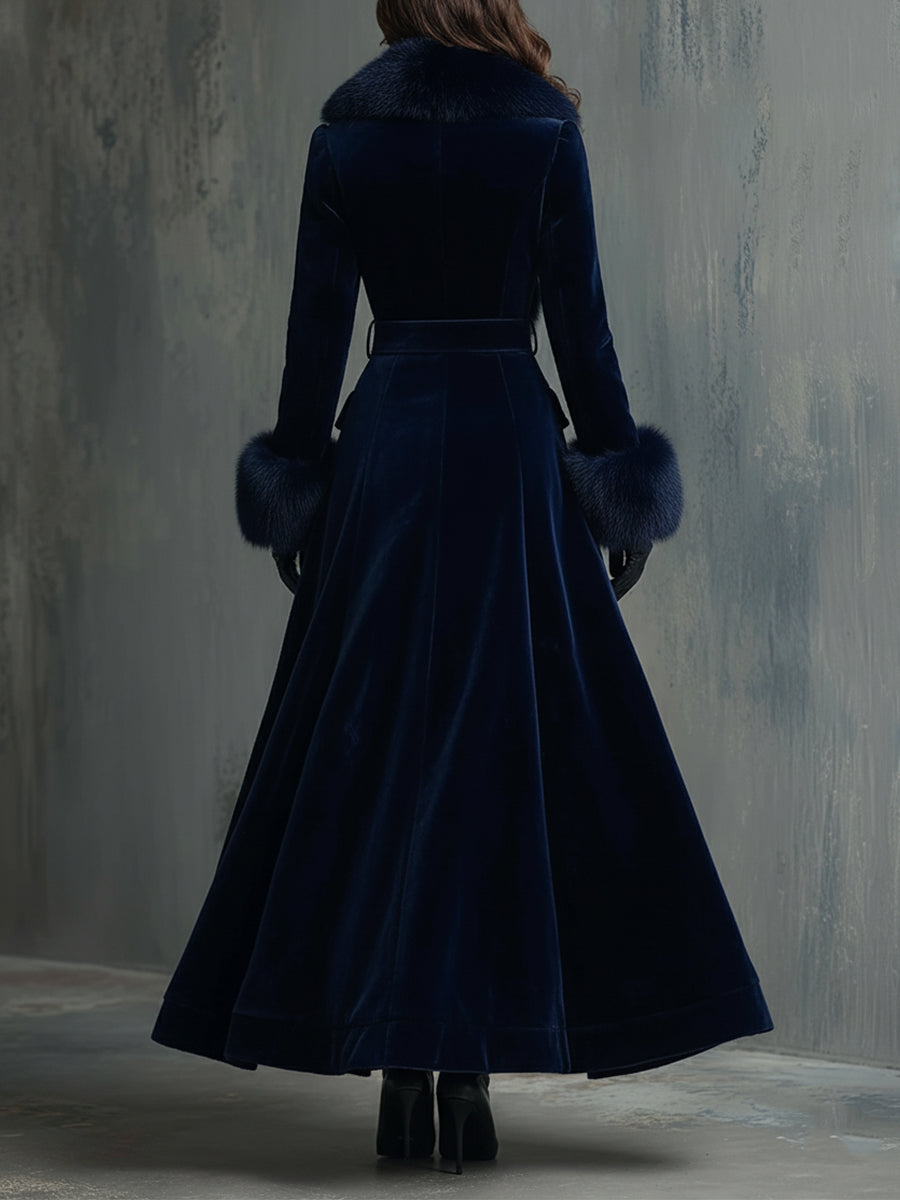 Elegant Mid-length Velvet Coat With Faux Fur Collar