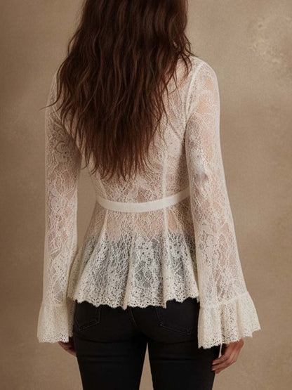 Vintage Boho Lace Flare Sleeve Tie-Front Peplum Top