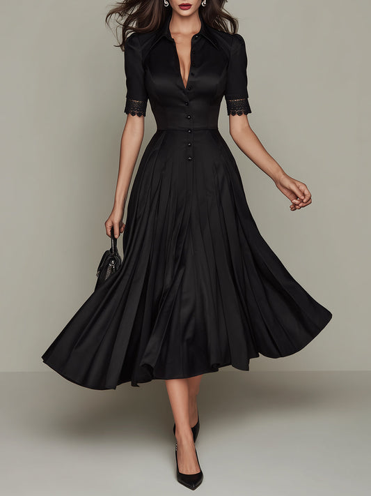 Elegant Satin Pleated Midi Dress With Lace Trim