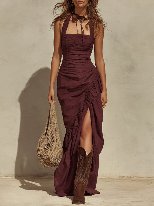 Boho Halter Maxi Dress With High Slit Hem