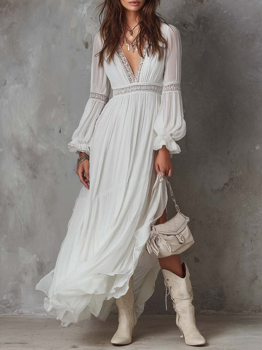 Retro Lace-Trim Slit Hem Chiffon Midi Dress