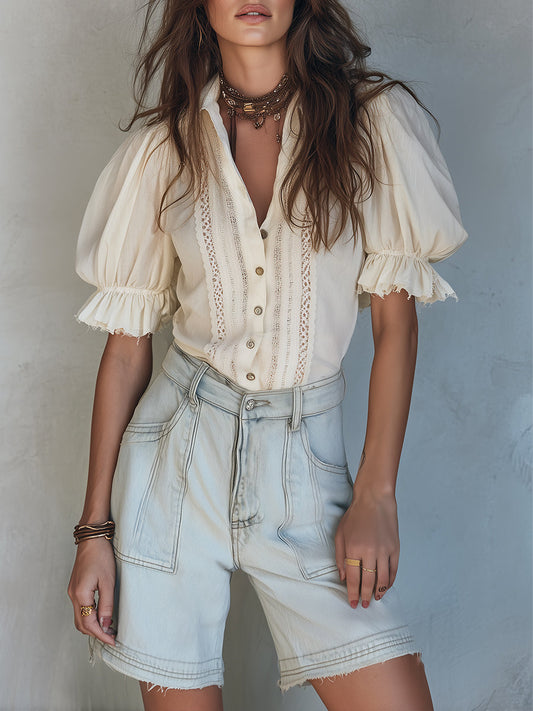 Vintage Cotton-Linen Blouse With Lace Insets And Puff Sleeves