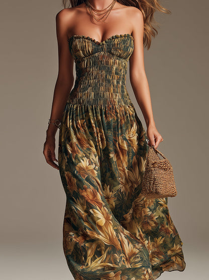 Tropical-Style Shirred Strapless Maxi Dress