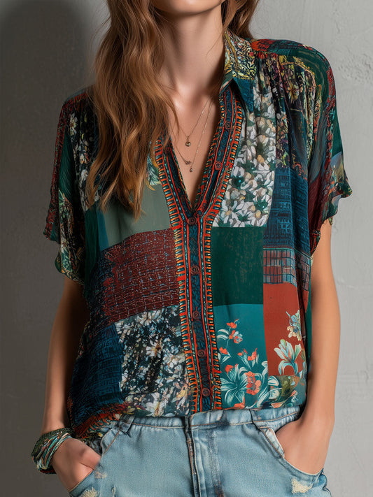 Boho Forest Mosaic Patchwork Print Button Blouse