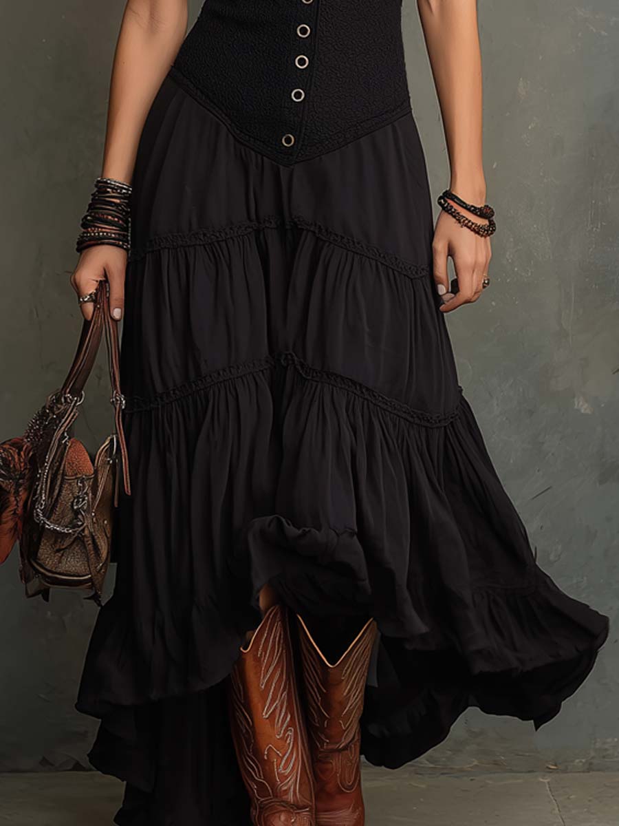 Retro Embroidered-Collar Flared Maxi Dress