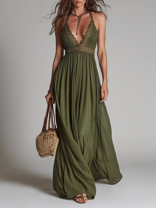 Boho Halter-Neck Maxi Dress With Lace Inserts