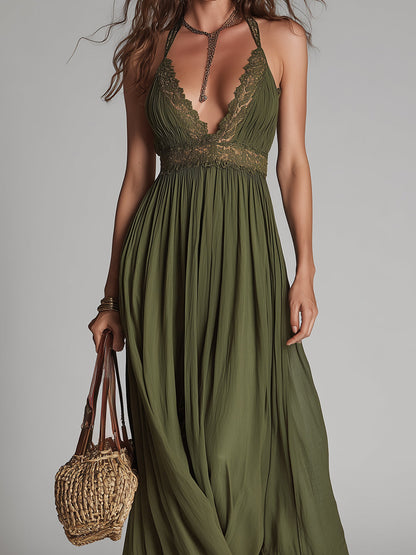 Boho Halter-Neck Maxi Dress With Lace Inserts