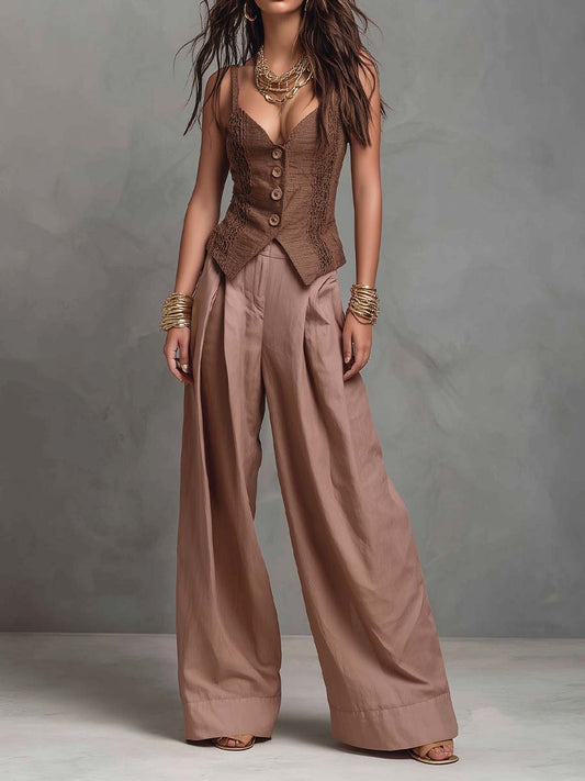 Bohemian Lace Corset Vest And Cotton Wide-Leg Pants Two-Piece Set