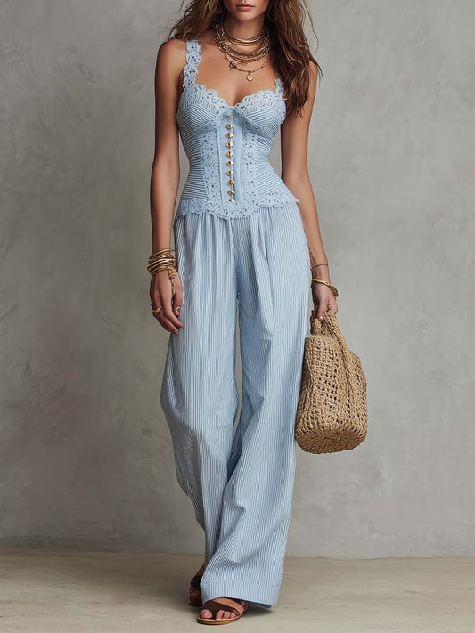 Bohemian Lace Corset Top & Striped Wide-Leg Pants Two-Piece Set