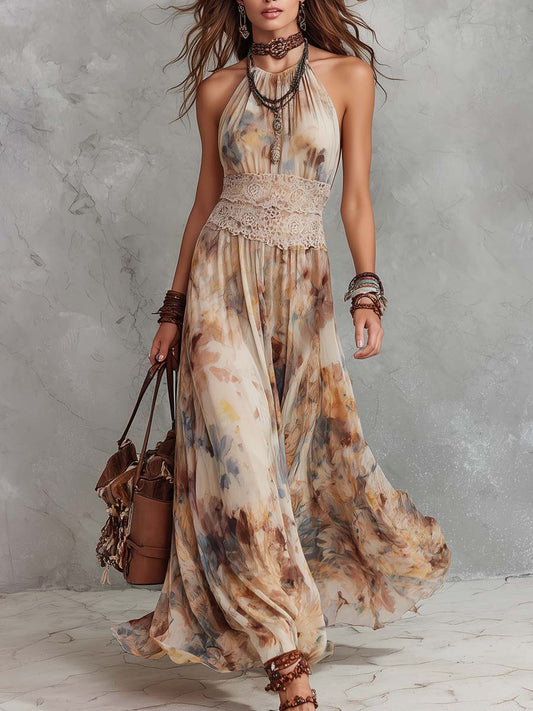 Vintage Oil Painting-Style Print Lace Trim Maxi Dress