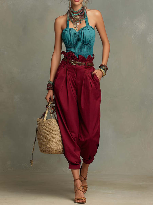 Bohemian Cotton Halter Smocked Top & High-Waisted Paperbag Pants Two-Piece Set