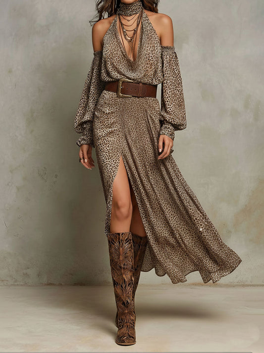 Boho Chic Leopard Pattern Off-Shoulder Midi Dress