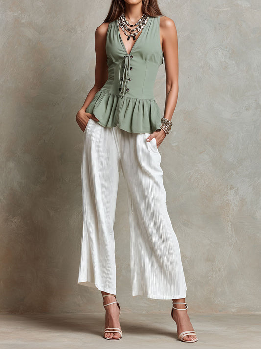 Boho VintageLace-Up Top & Pleated Wide-Leg Pants Set