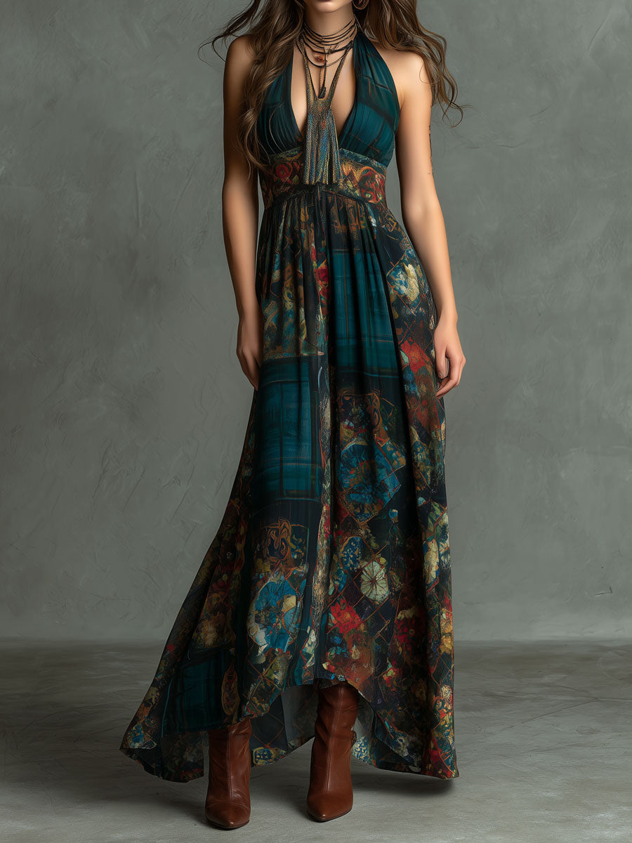 Bohemian Retro Patchwork Pattern Halter Maxi Dress