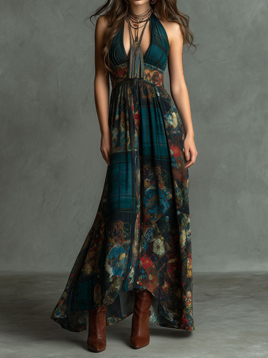 Bohemian Retro Patchwork Pattern Halter Maxi Dress