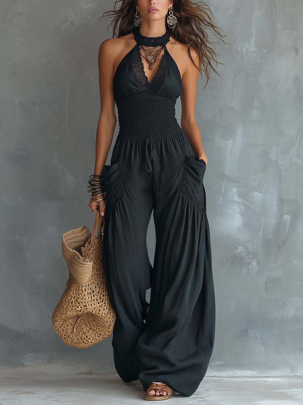 Retro Lace Halter-Neck Cotton-Linen Jumpsuit With Pockets