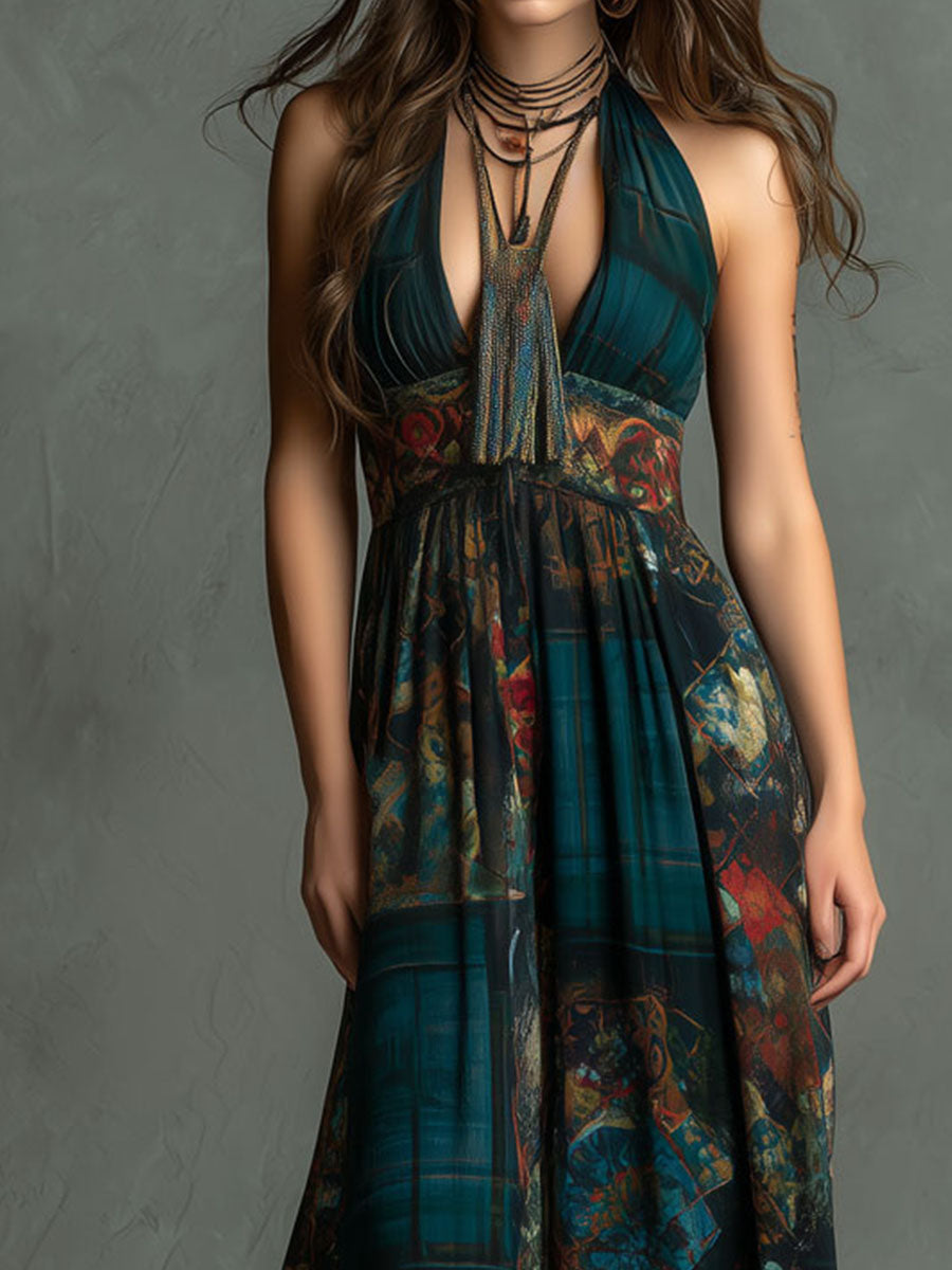Bohemian Retro Patchwork Pattern Halter Maxi Dress
