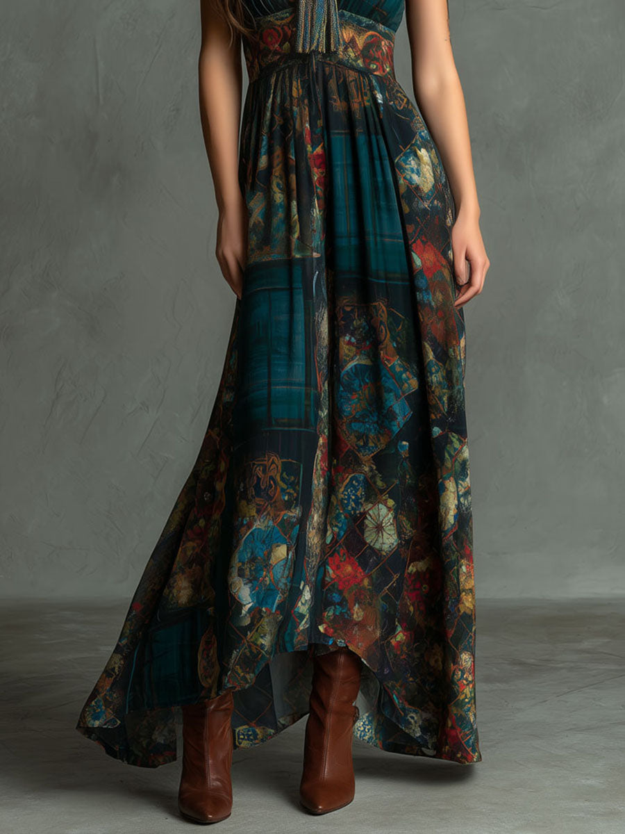Bohemian Retro Patchwork Pattern Halter Maxi Dress