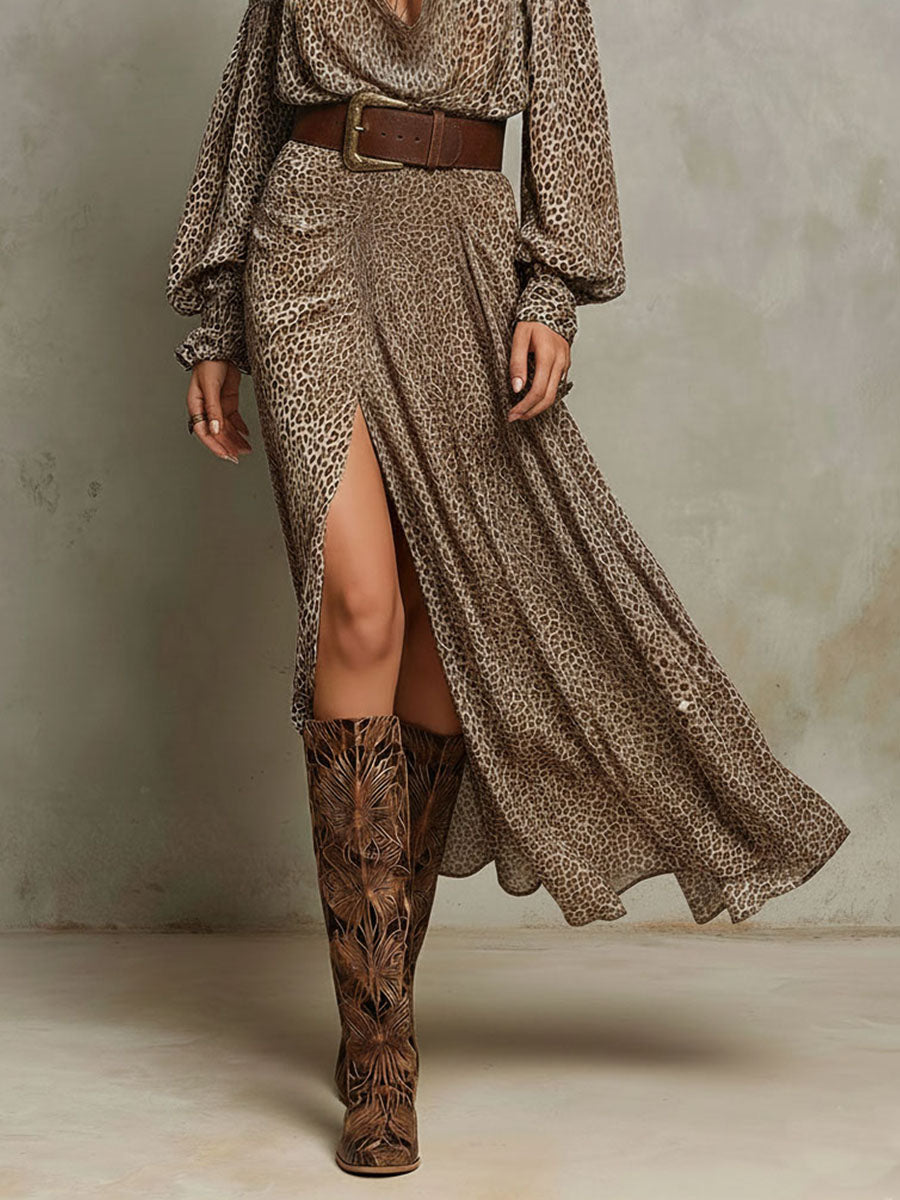 Boho Chic Leopard Pattern Off-Shoulder Midi Dress