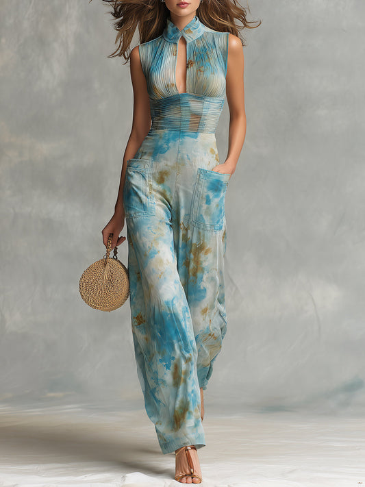 Printed Keyhole-Neck Jumpsuit With Shirred Waist