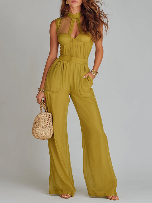 Mesh-Paneled Keyhole-Neck Wide-Leg Jumpsuit