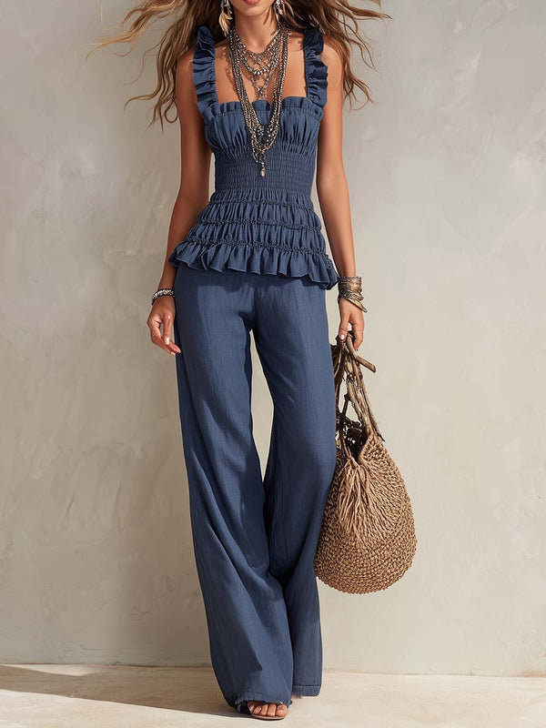 Bohemian Ruffle Smocked Tencel Camisole & Wide-Leg Pants Set