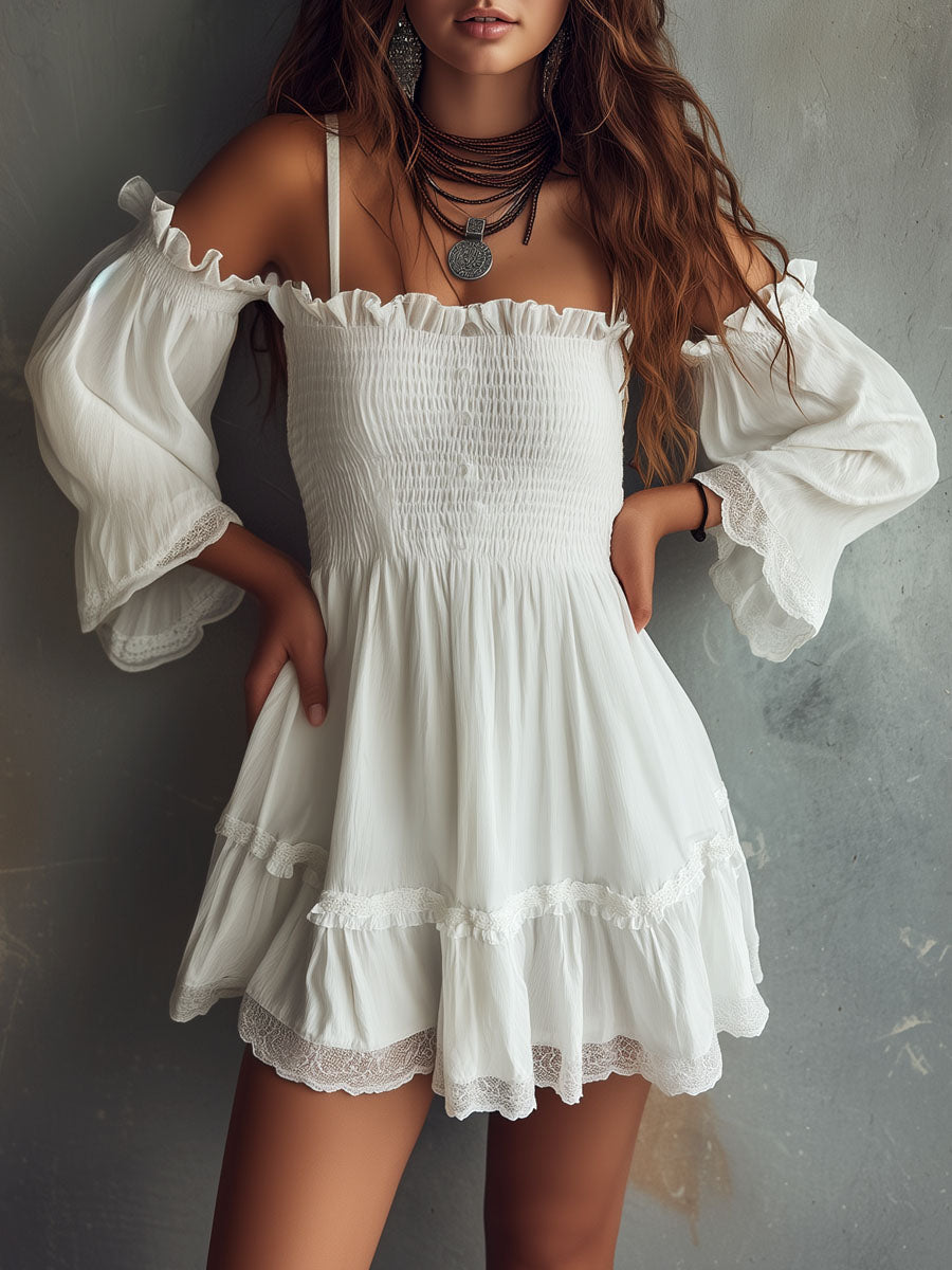 Boho White Cold-Shoulder Smocked Mini Dress