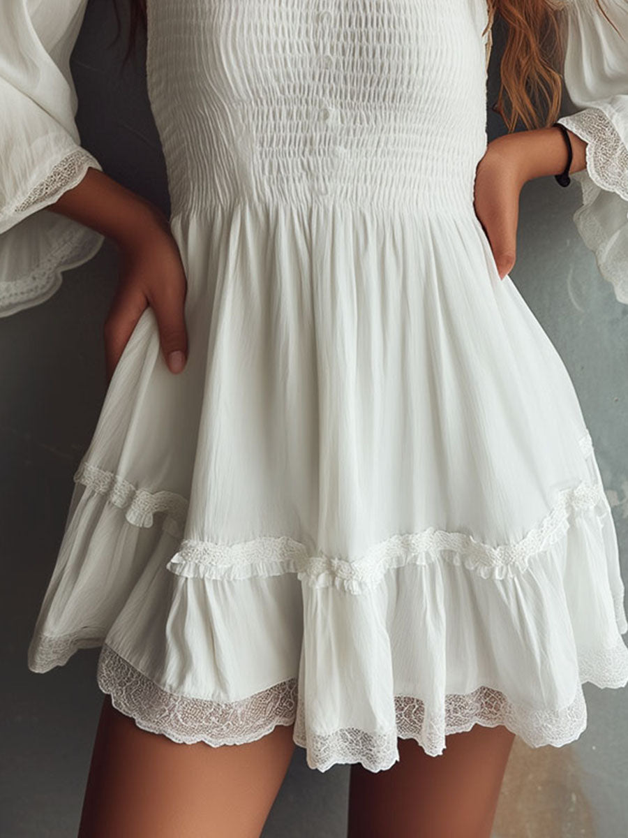 Boho White Cold-Shoulder Smocked Mini Dress
