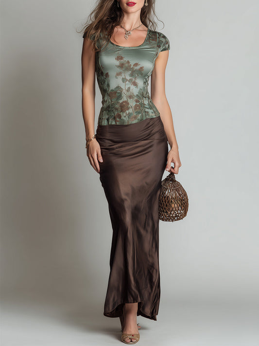 Retro-Print Short-Sleeve T-Shirt & Satin Skirt Set