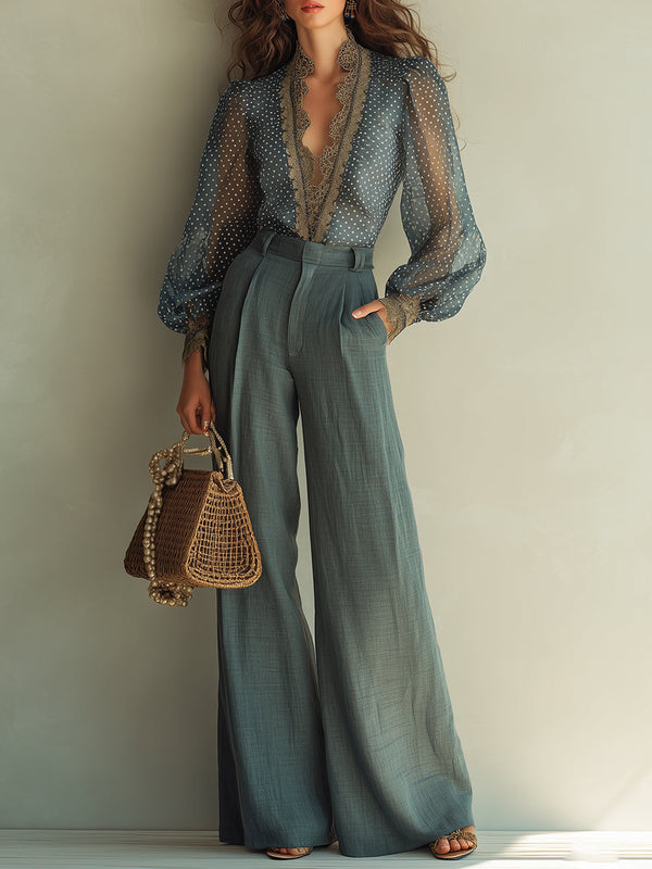 Retro Polka-Dot Blouse With Lace Trim & Cotton-Linen Pants Set