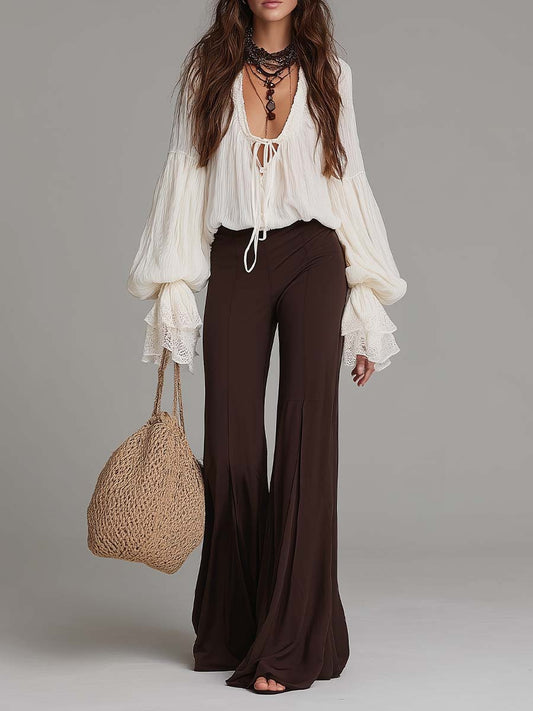 Bohemian Cotton-Textured Ruffle Blouse And Ice Silk Flare Pants Set