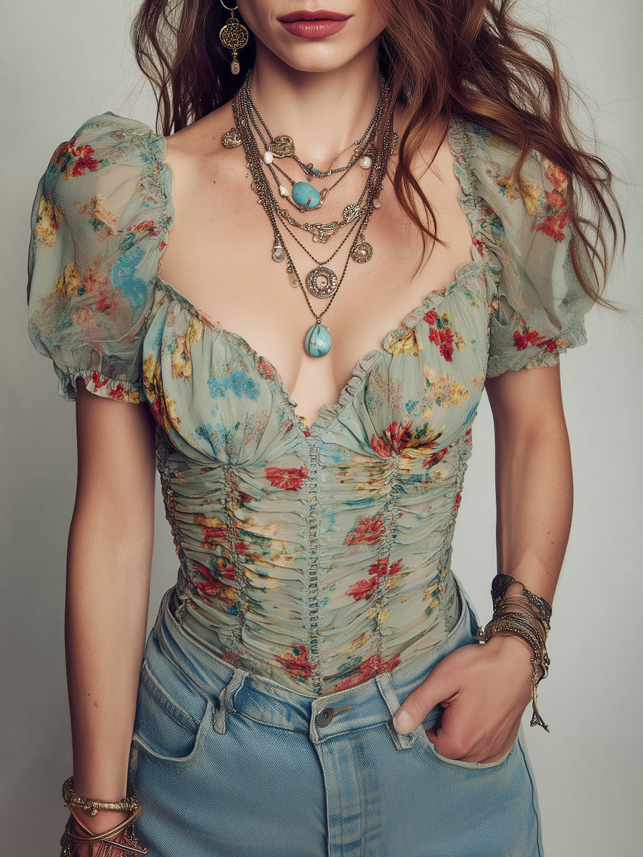 Retro-Print Pleated Short-Sleeve Blouse